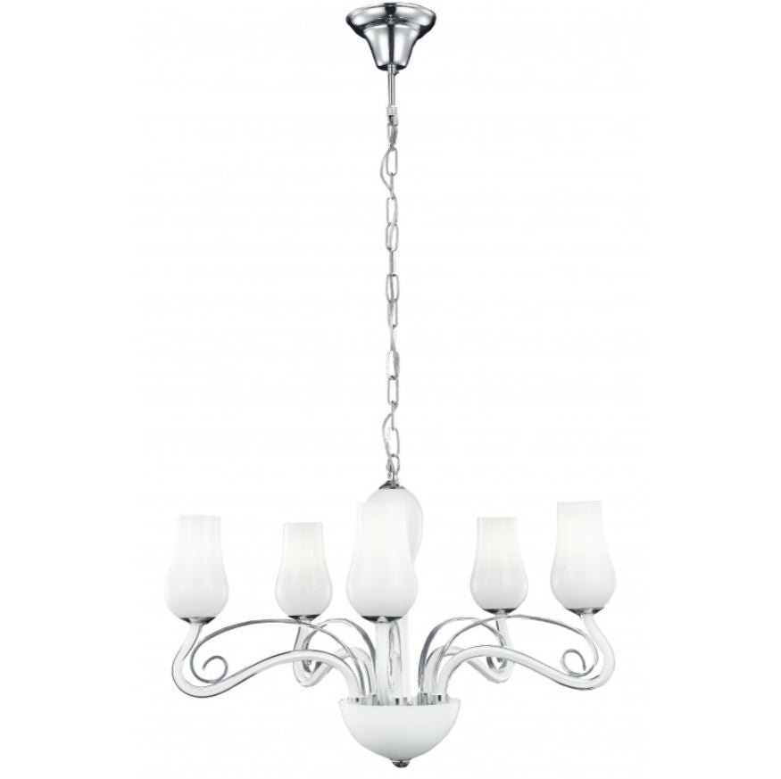 Sospensione 5 luci vetro soffiato bianco pastorali trasparenti rifiniture cromo 5XE14 non incl. ANGEL Sospensione 5 luci vetro soffiato bianco pastorali trasparenti rifiniture cromo 5XE14 non incl. ANGEL